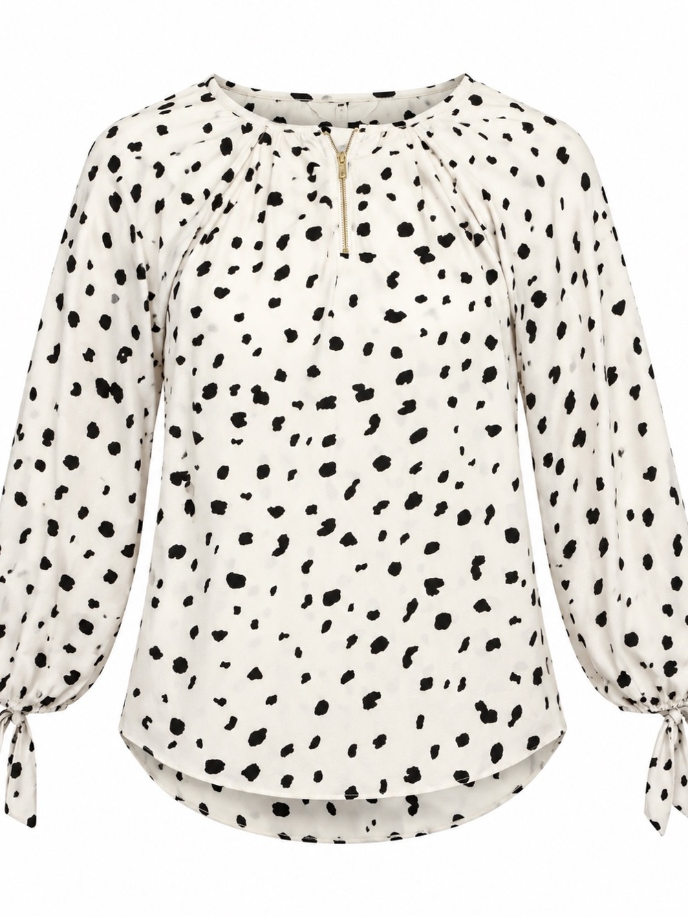 Lush White & Black Dalmatian-Spot Tie-Sleeve Long Sleeve Top